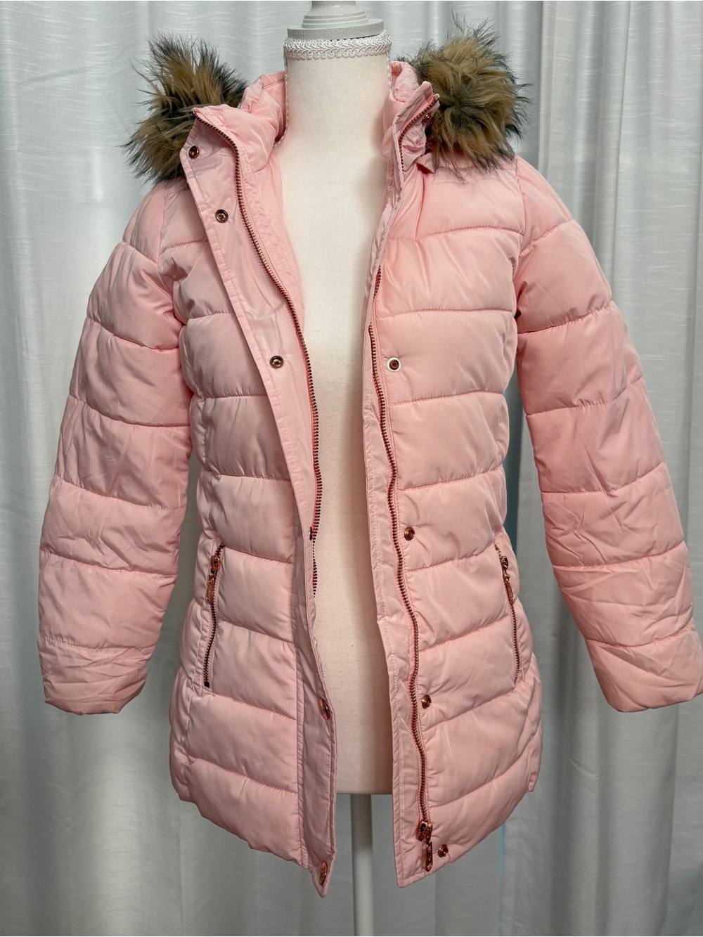 Justice Light Pink Puffer Coat with Faux Fur Hood